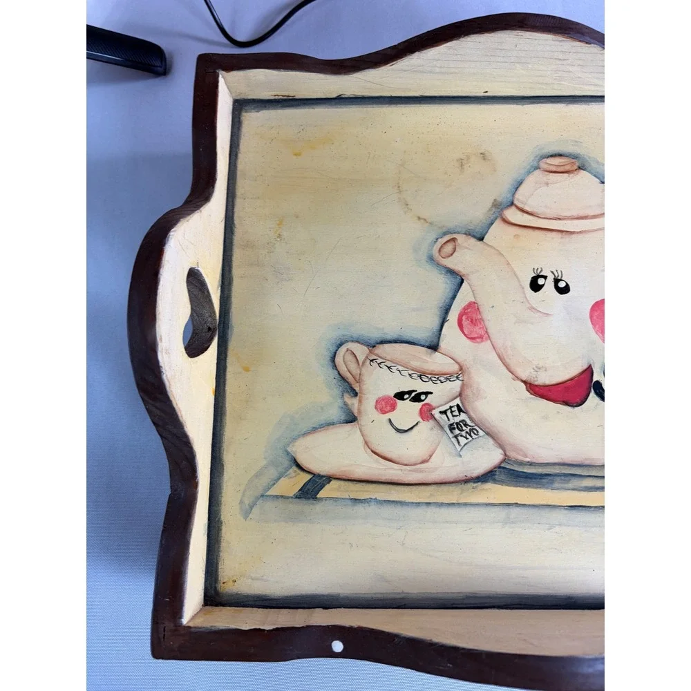 Vintage Hand Painted‎ Wooden Tea Tray Teapot Kitchen Serving Cottage Decor